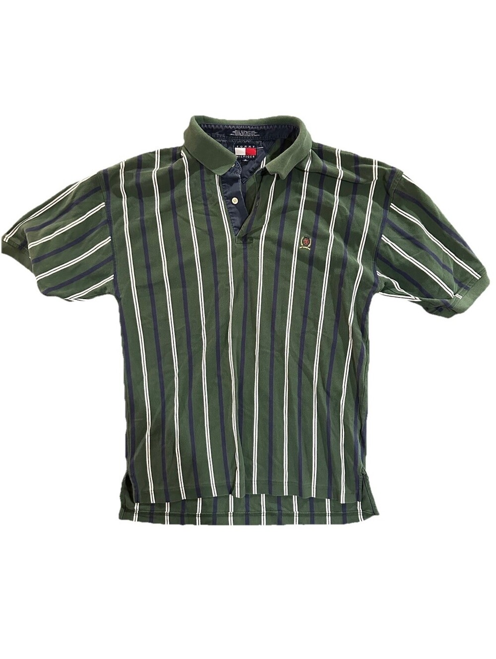 Vintage Tommy Hilfiger Polo Shirt XL Green Navy White Striped Crest Logo 90s